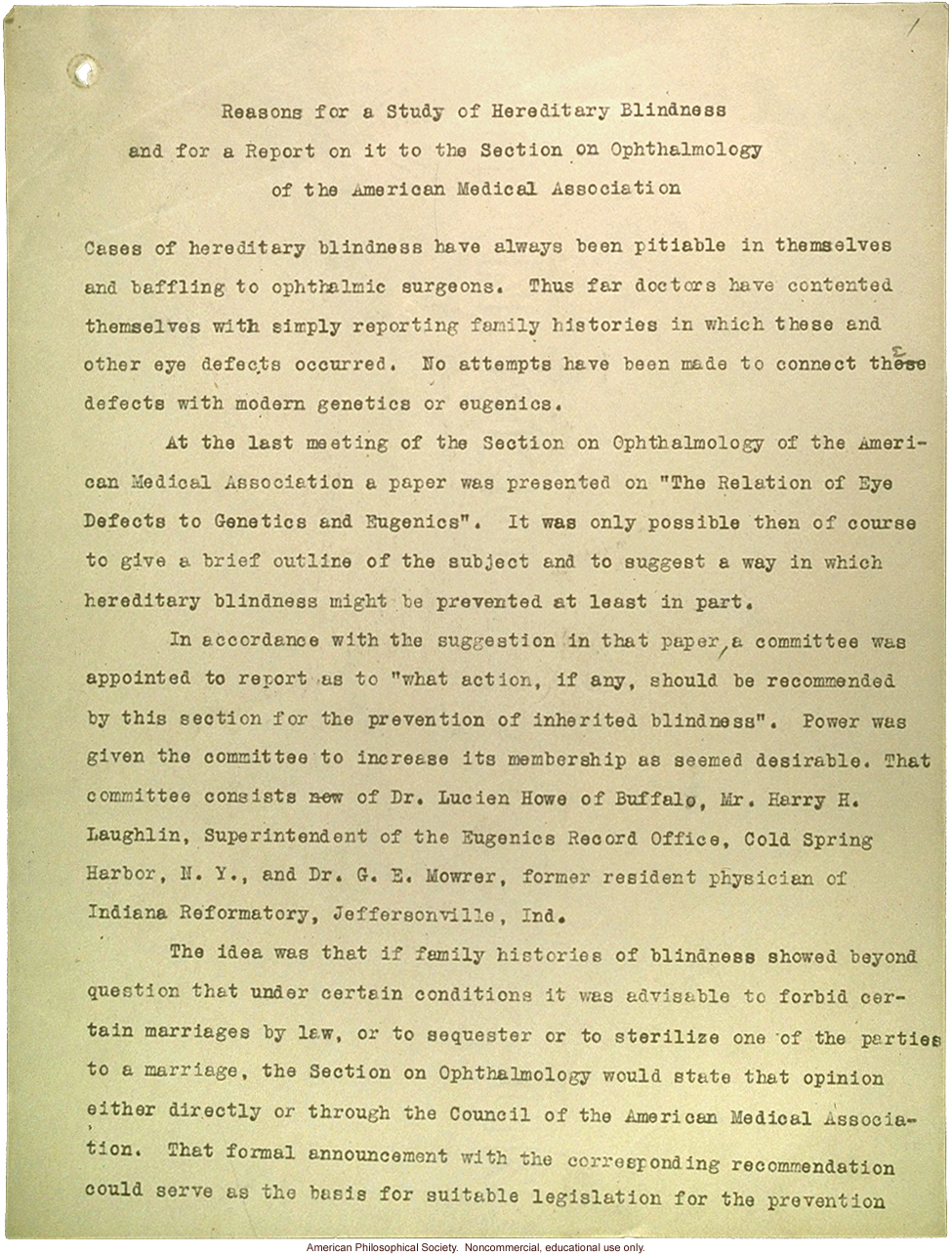 &quote;Reasons for a study of hereditary blindness,&quote; report to American Medical Association