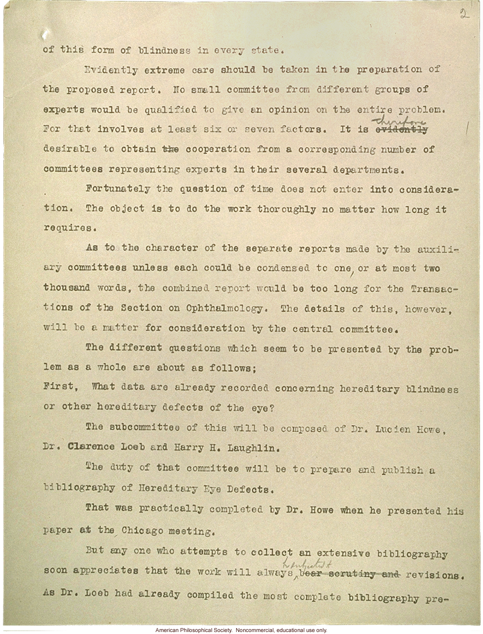 &quote;Reasons for a study of hereditary blindness,&quote; report to American Medical Association