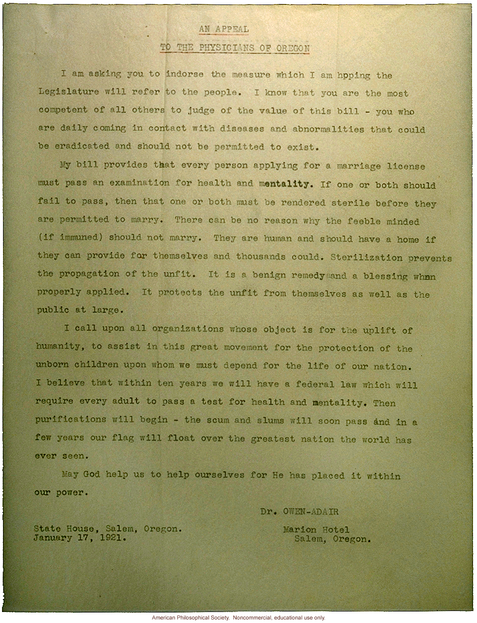 Owen Adair letter to Oregon physicians, about bill requiring doctor's certification for marriage license