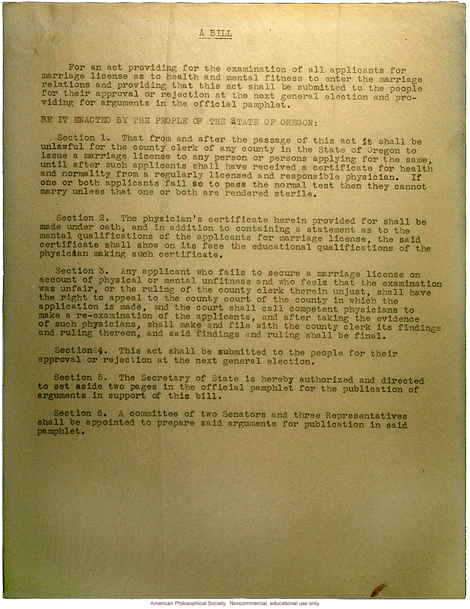 Owen Adair letter to Oregon physicians, about bill requiring doctor's certification for marriage license