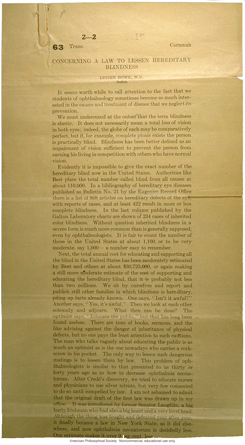 &quote;Concerning a law to lessen hereditary blindness,&quote; by Lucien Howe, American Opthalmological Society Journal