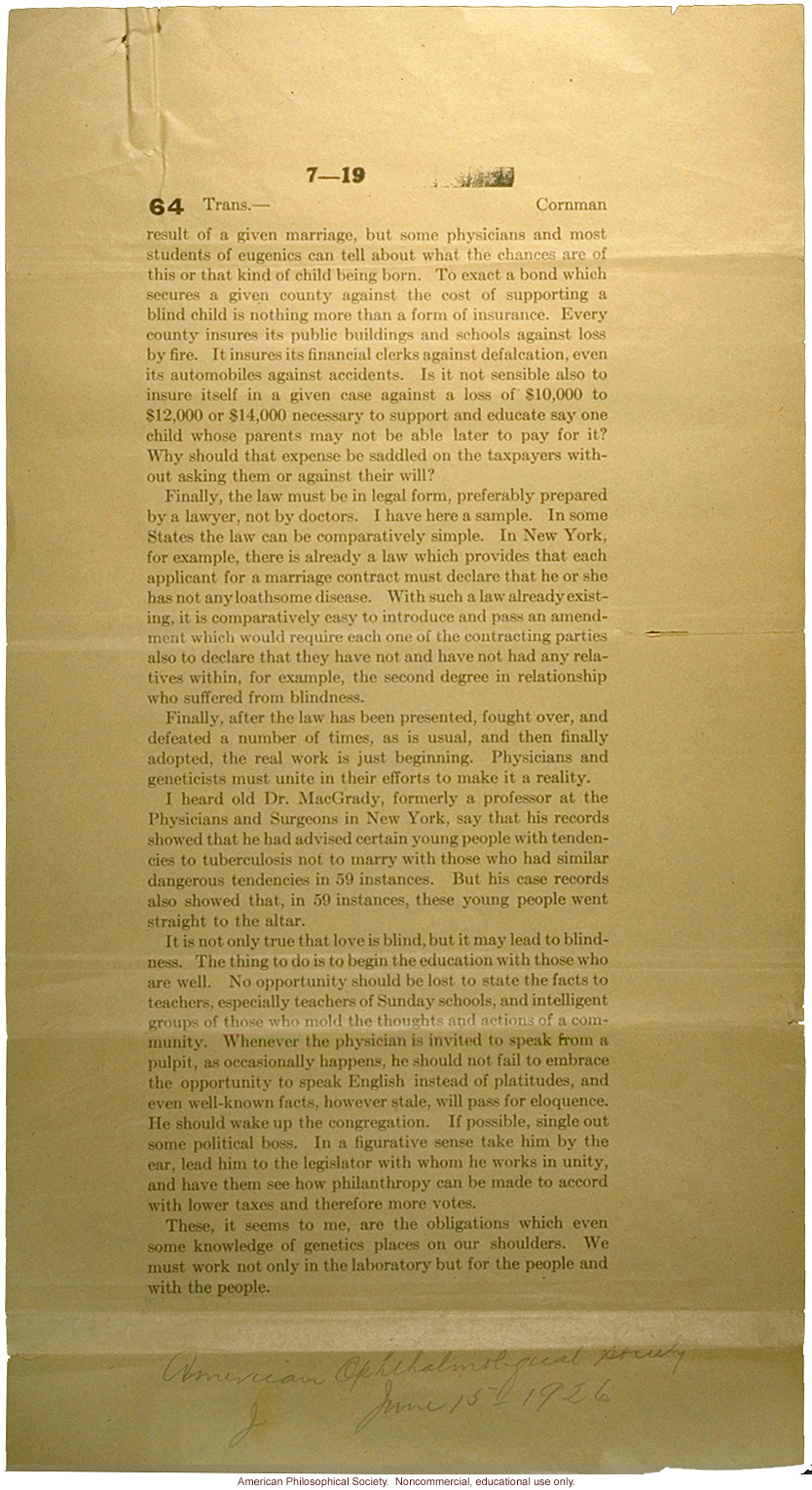 &quote;Concerning a law to lessen hereditary blindness,&quote; by Lucien Howe, American Opthalmological Society Journal