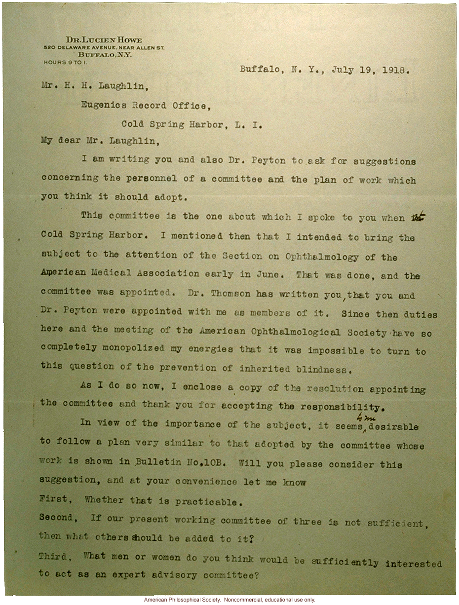 Lucien Howe letter to Harry Laughlin, about AMA study on hereditary blindness