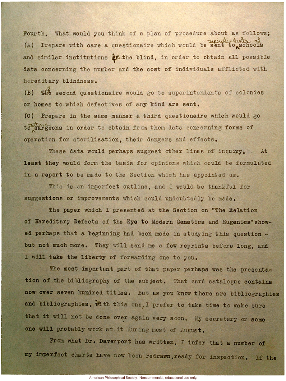 Lucien Howe letter to Harry Laughlin, about AMA study on hereditary blindness