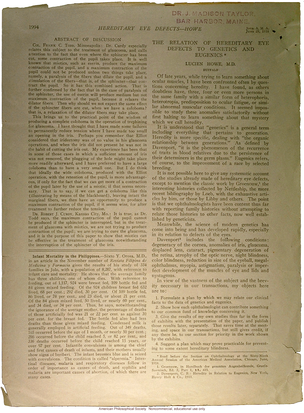 &quote;The relation of hereditary eye defects to genetics and eugenics,&quote; by Lucien Howe, JAMA