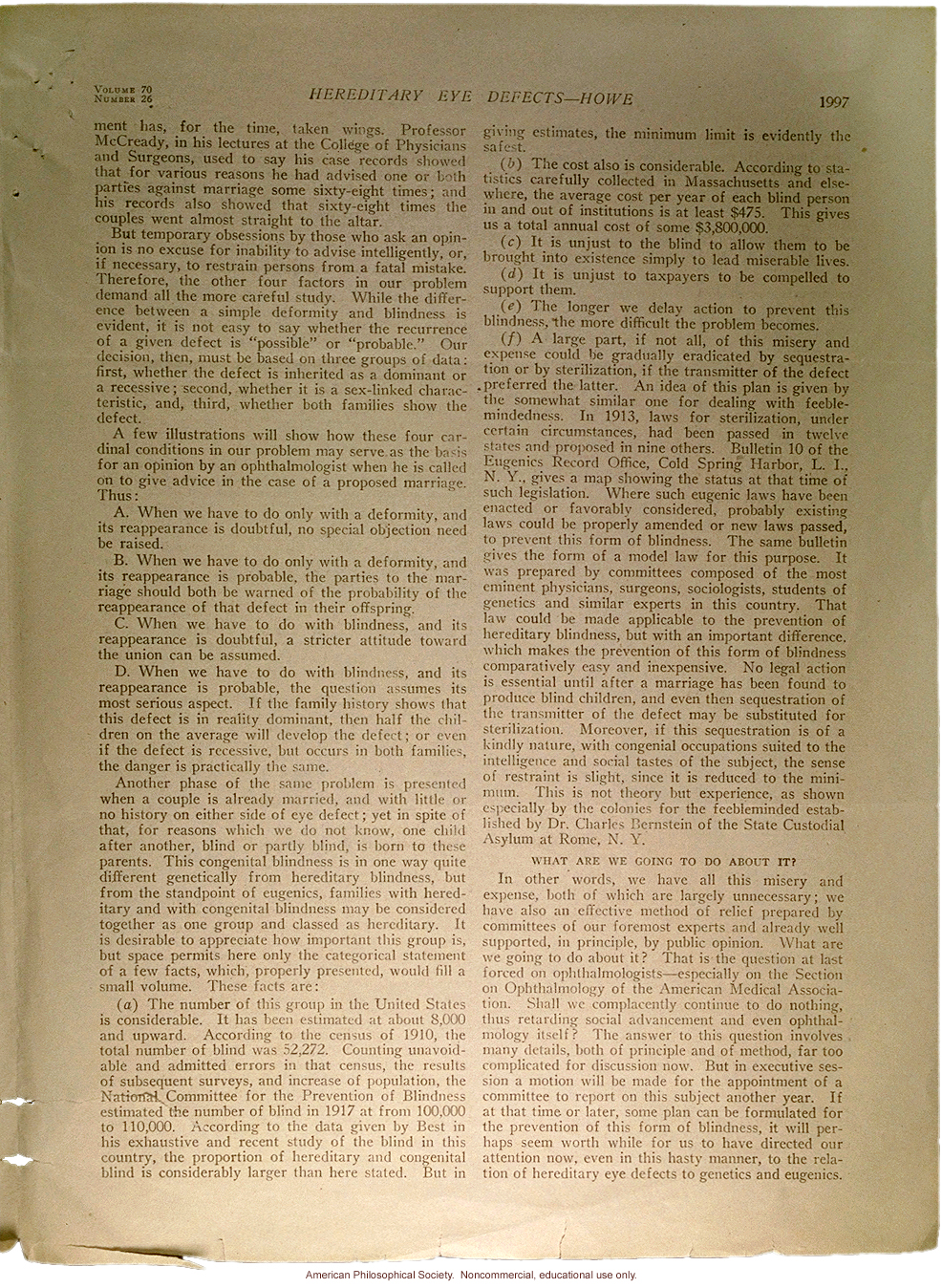 &quote;The relation of hereditary eye defects to genetics and eugenics,&quote; by Lucien Howe, JAMA