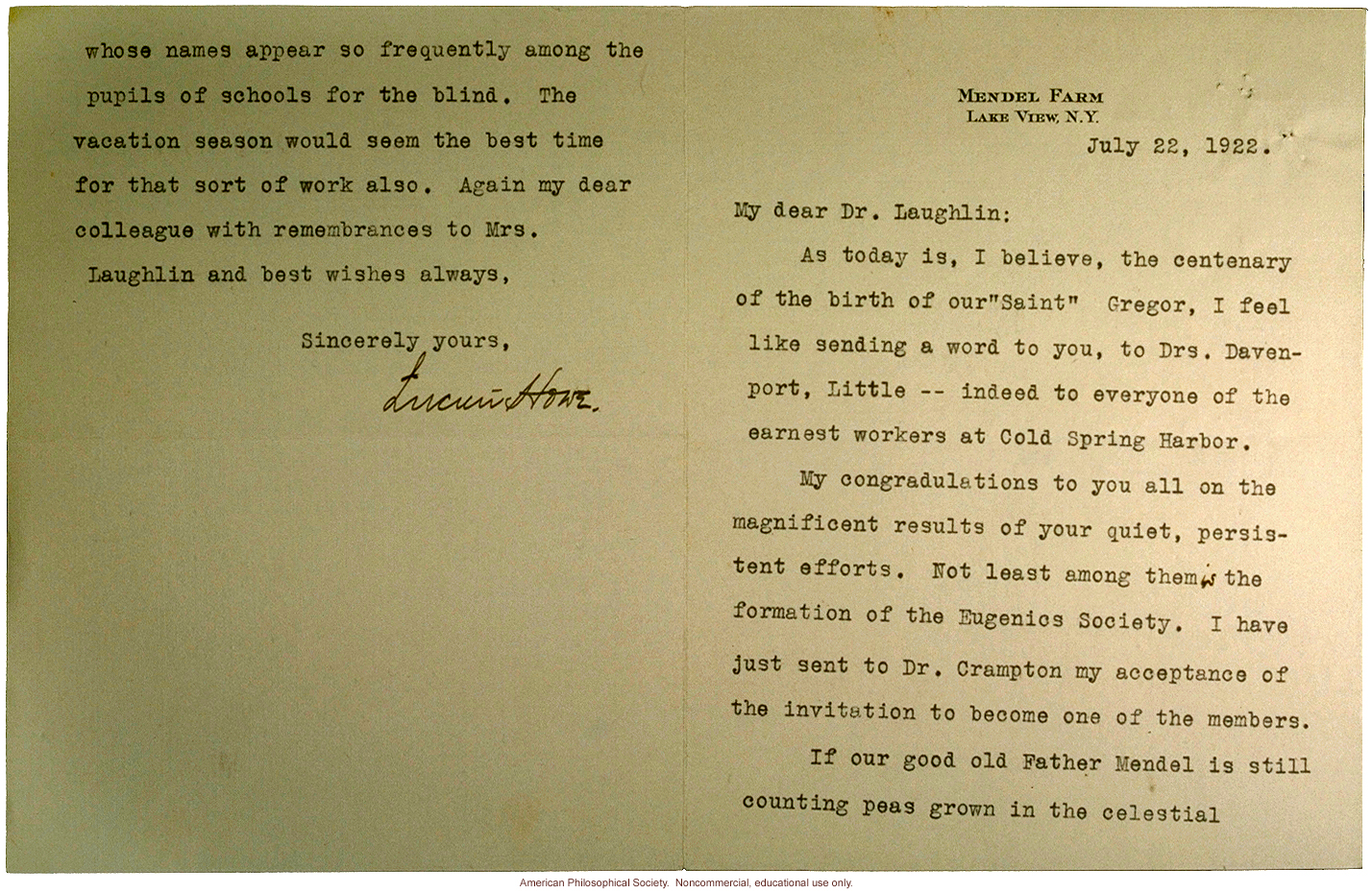 Lucien Howe letter to Harry Laughlin about Mendel's Centennial