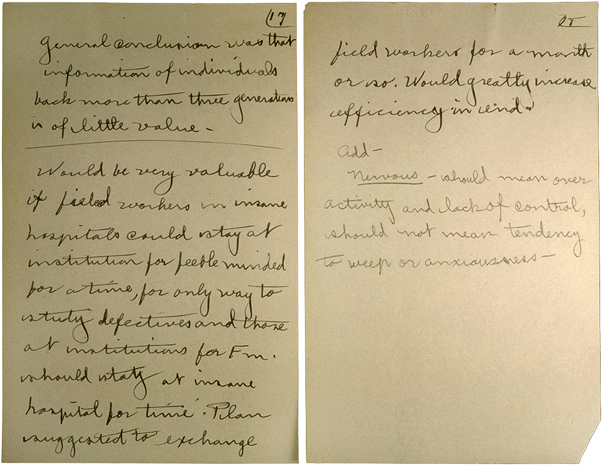 Eugenics field workers meeting notes about hereditary behavior
