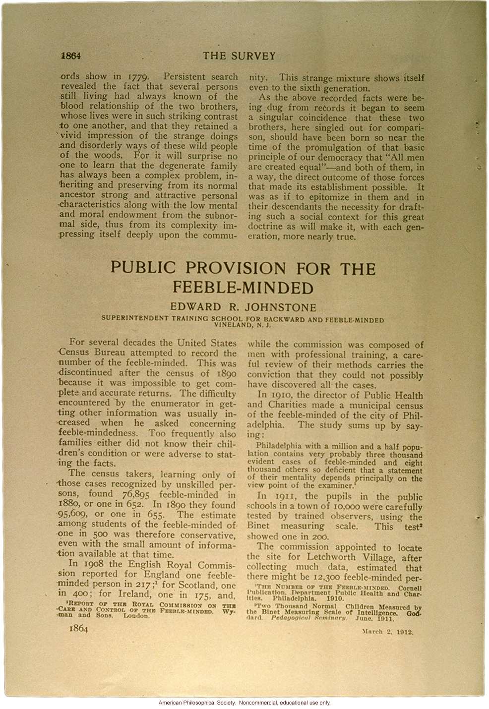 &quote;Public provision for the feeble-minded,&quote; by Edward Johnstone