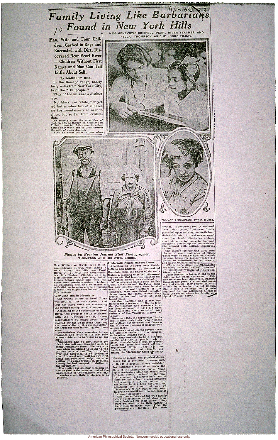 &quote;Family living like barbarians found in New York Hills,&quote; by Margery Rex,