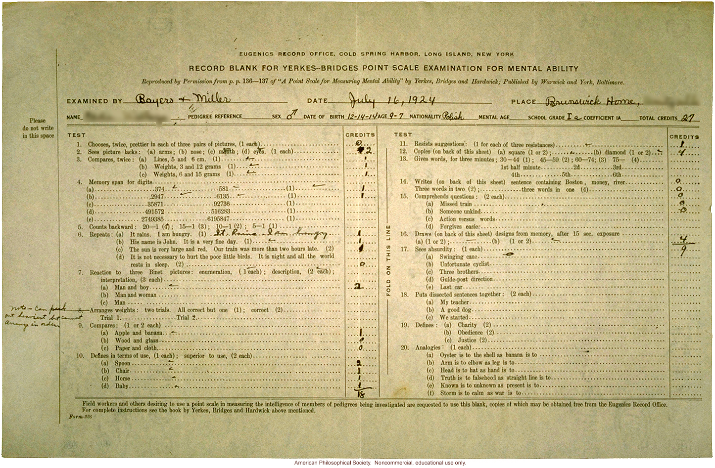 &quote;Supplementary report on mentality of feebleminded children,&quote; case study by E. Bayers and F.H. Miller.