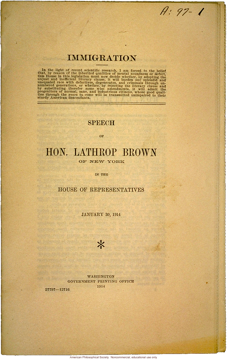 Lathrop Brown speech to House of Representatives about immigration