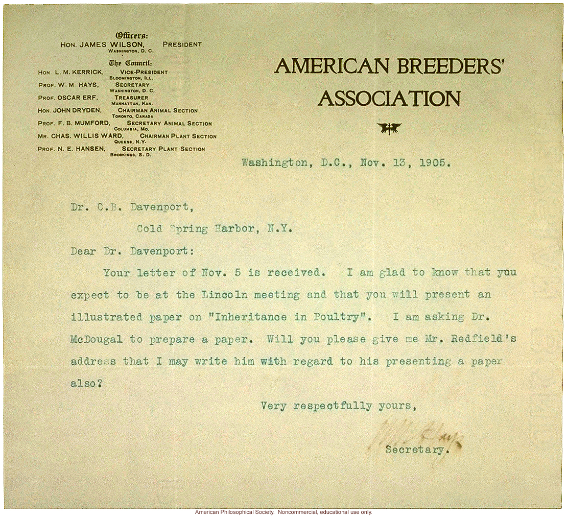 W.M. Hays letter to Charles Davenport about inheritance in poultry