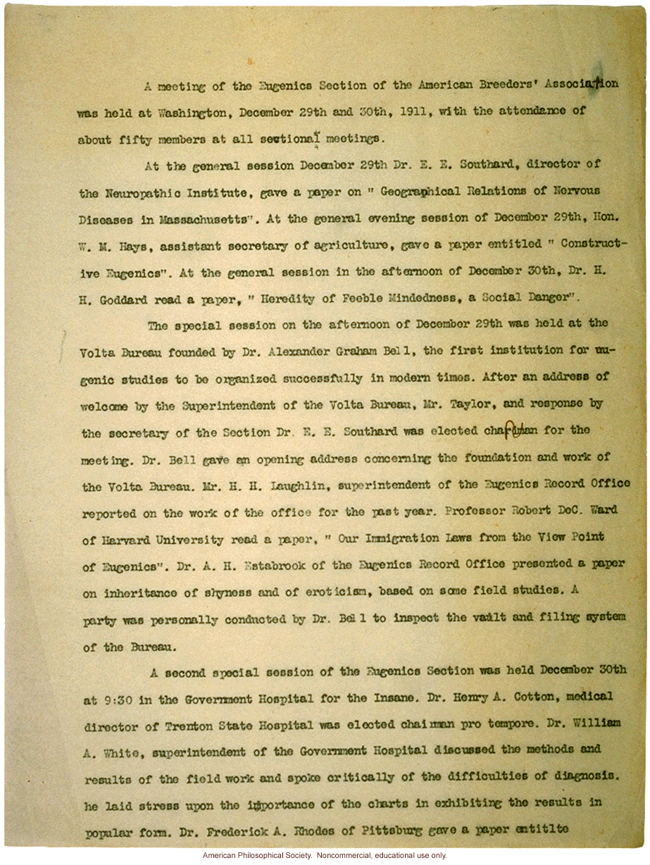 Minutes of the Eugenics Section, 8th annual meeting of the American Breeders Association, with resolution to organize immigration committeee