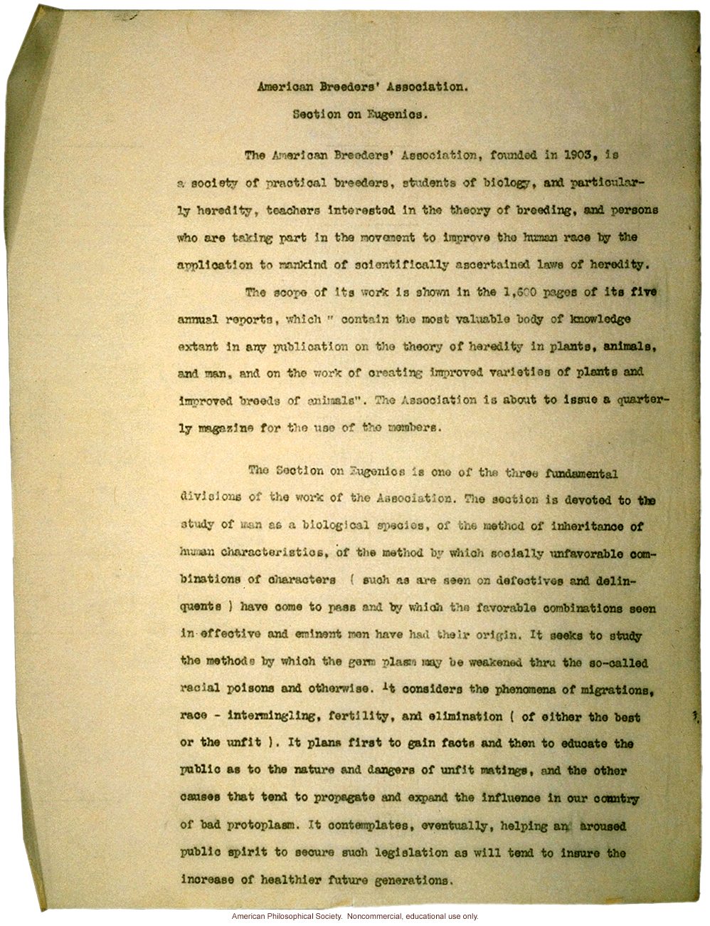 &quote;Eugenics, a subject for investigation rather than instruction,&quote;  American Breeders Association Eugenics Section