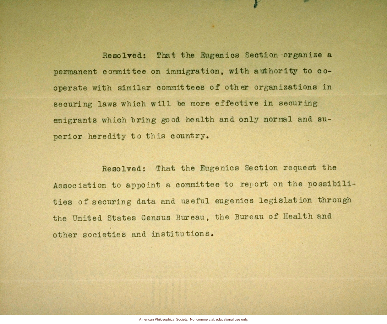 American Breeders Association 8th Annual Meeting resolution to form permanent committee on immigration (with hand-written draft)