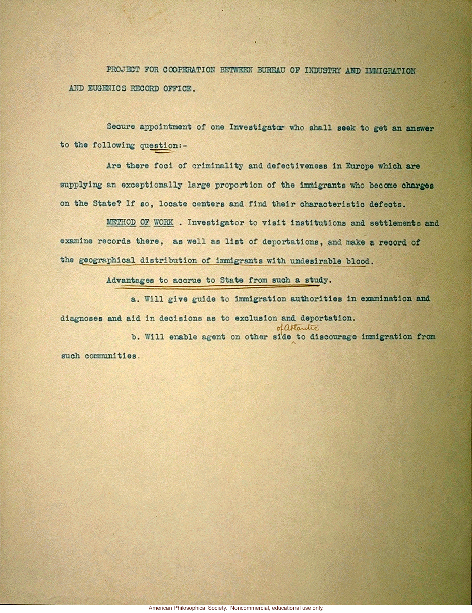&quote;Project for cooperation between Bureau of Industry and Immigration and Eugenics Record Office&quote;
