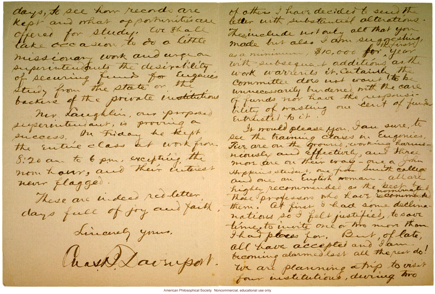 Charles Davenport letter to Mrs. E.H. Harriman about Eugenics Record Office (7/10/1910)