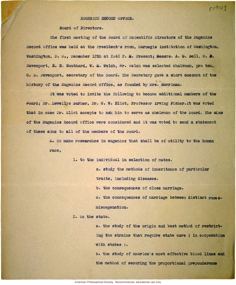 Minutes of the first meeting of directors of Eugenics Record Office