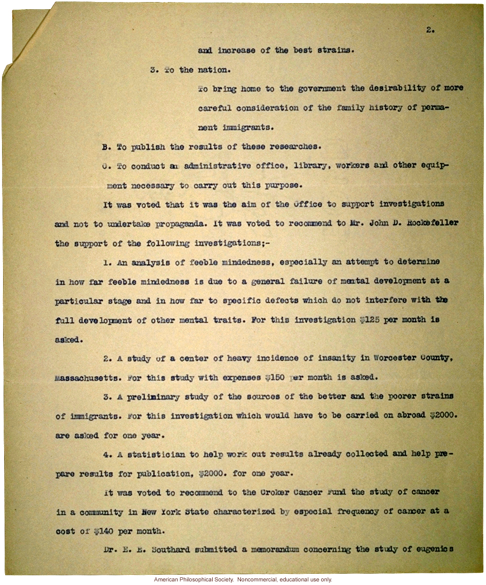 Minutes of the first meeting of directors of Eugenics Record Office