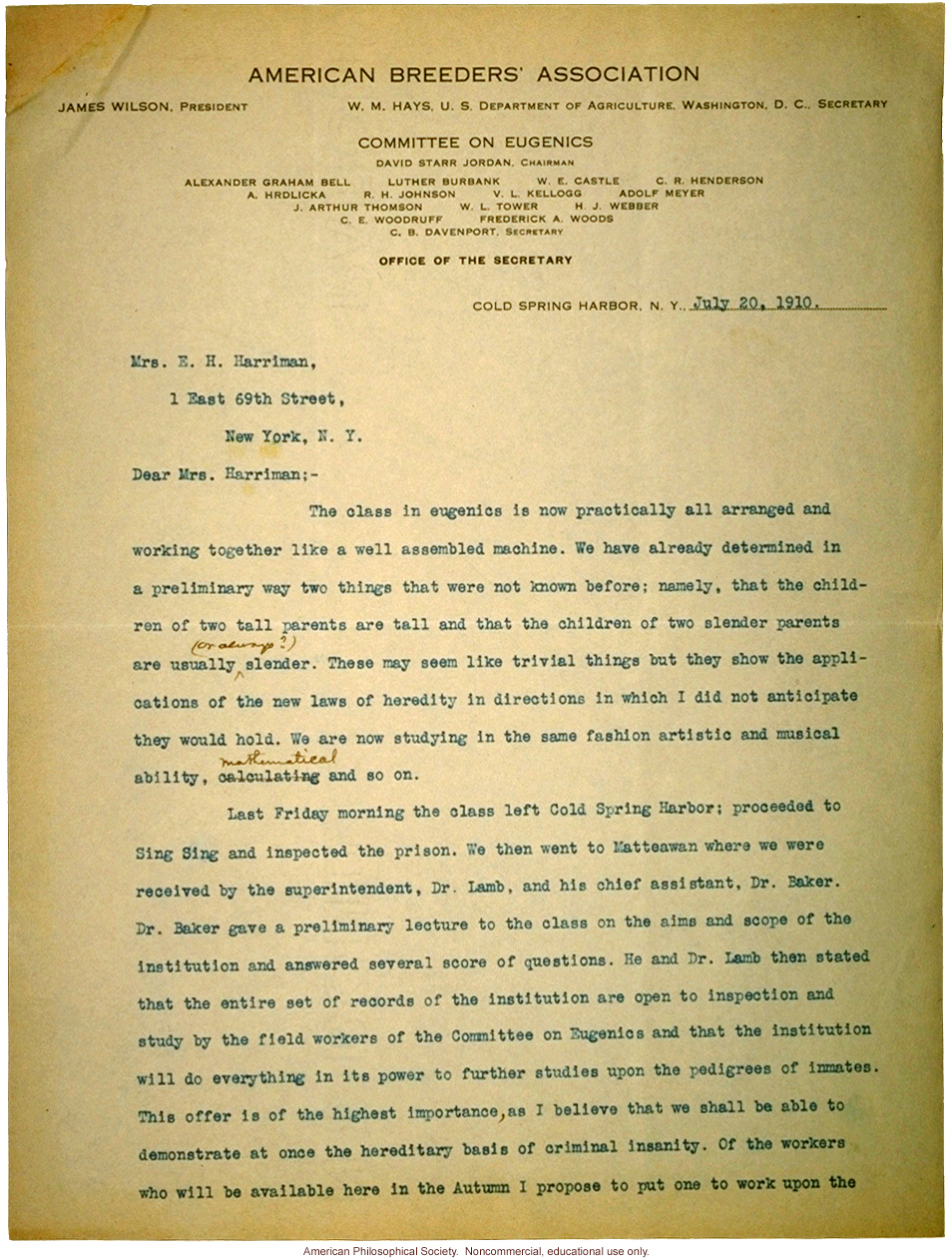 Charles Davenport letter to Mrs. E.H. Harriman about recruitment of first class