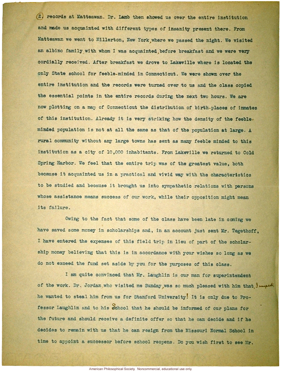 Charles Davenport letter to Mrs. E.H. Harriman about recruitment of first class