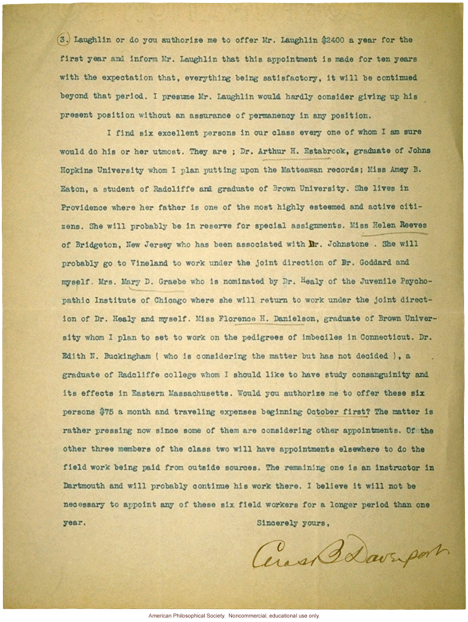 Charles Davenport letter to Mrs. E.H. Harriman about recruitment of first class