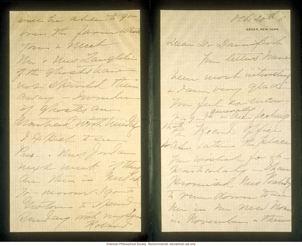 Mrs. E.H. Harriman letter to Charles Davenport about Eugenics Record Office (10/20/1910)