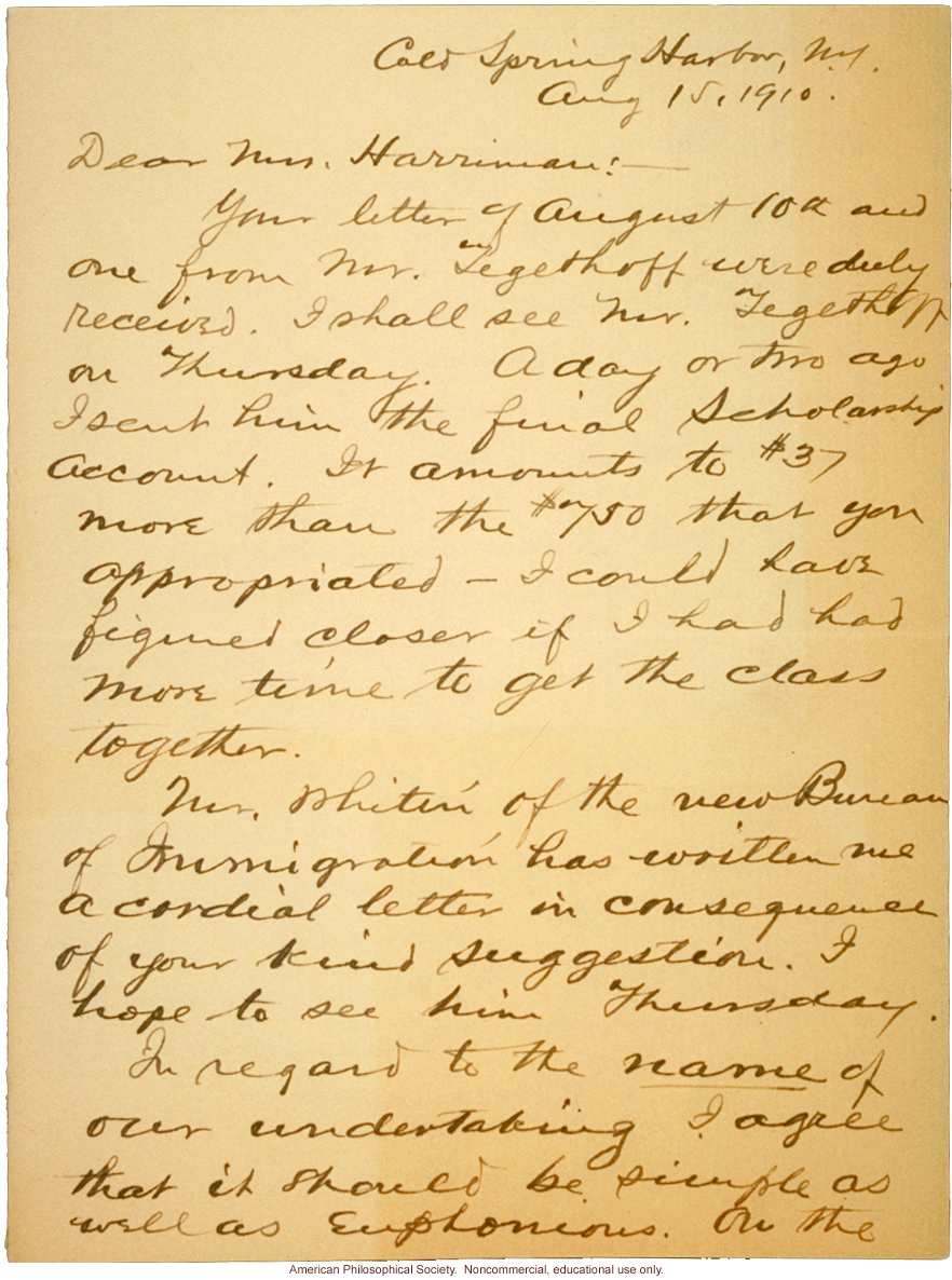 Charles Davenport letter to Mrs. E.H. Harriman about Eugenics Record Office name