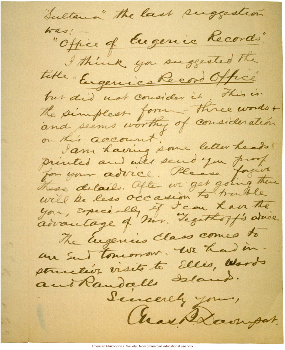 Charles Davenport letter to Mrs. E.H. Harriman about Eugenics Record Office name