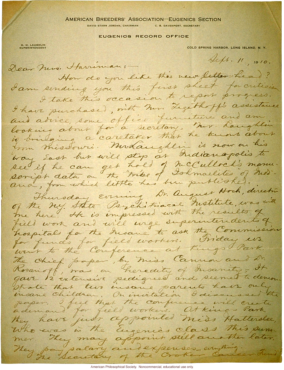 Charles Davenport letter to Mrs. E.H. Harriman about Eugenics Record Office (9/11/1910)