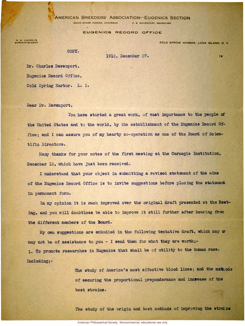 Alexander Graham Bell letter to Charles Davenport about Eugenics Record Office