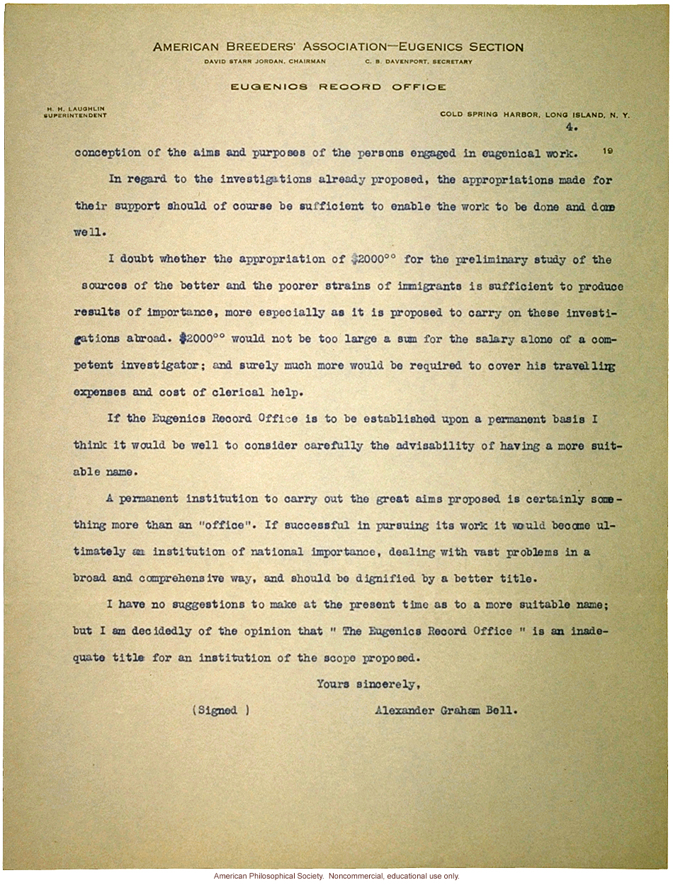 Alexander Graham Bell letter to Charles Davenport about Eugenics Record Office