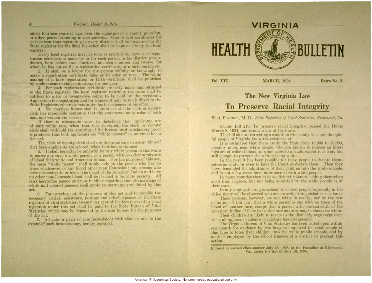 &quote;The New Virginia Law to Preserve Racial Integrity,&quote; by W. A. Plecker, Virginia Health Bulletin (vol. 16:2)
