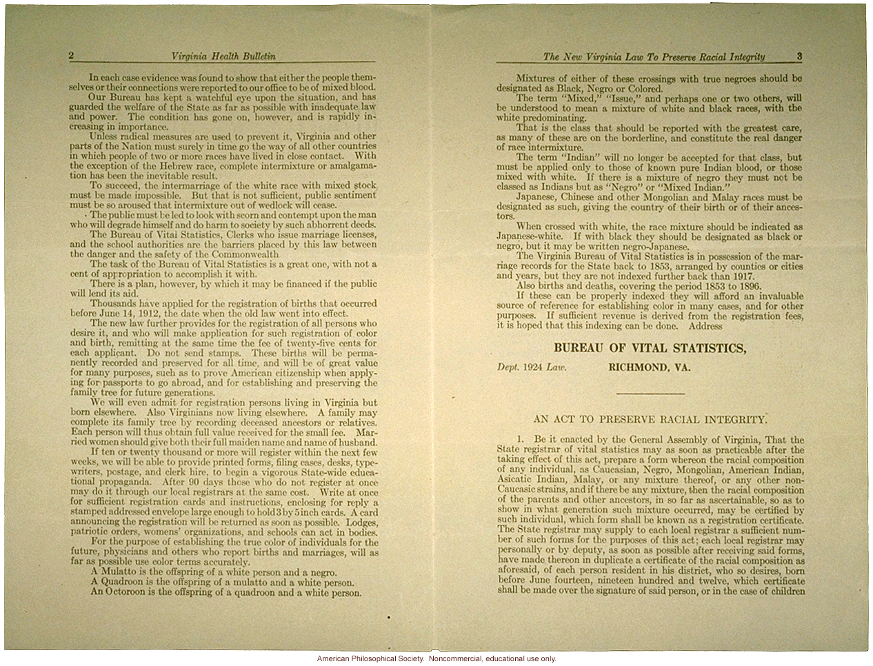 &quote;The New Virginia Law to Preserve Racial Integrity,&quote; by W. A. Plecker, Virginia Health Bulletin (vol. 16:2)