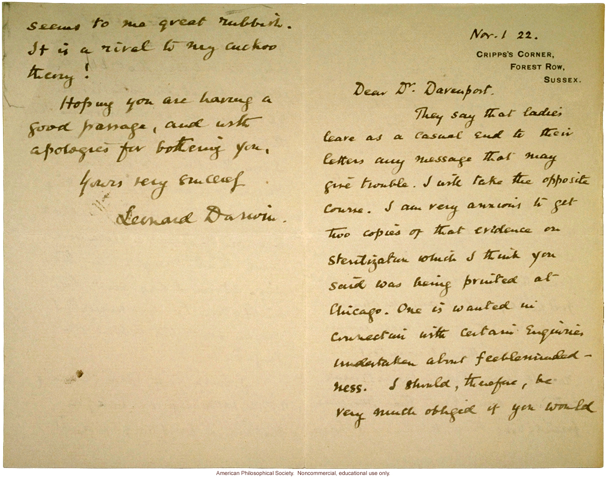 Leonard Darwin letter to Charles Davenport about sterilization