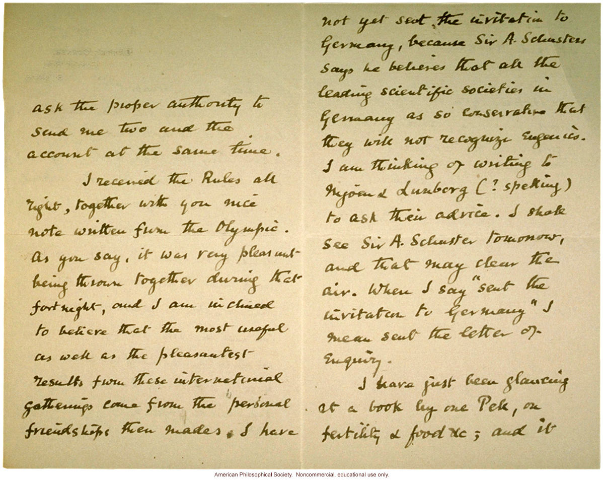 Leonard Darwin letter to Charles Davenport about sterilization