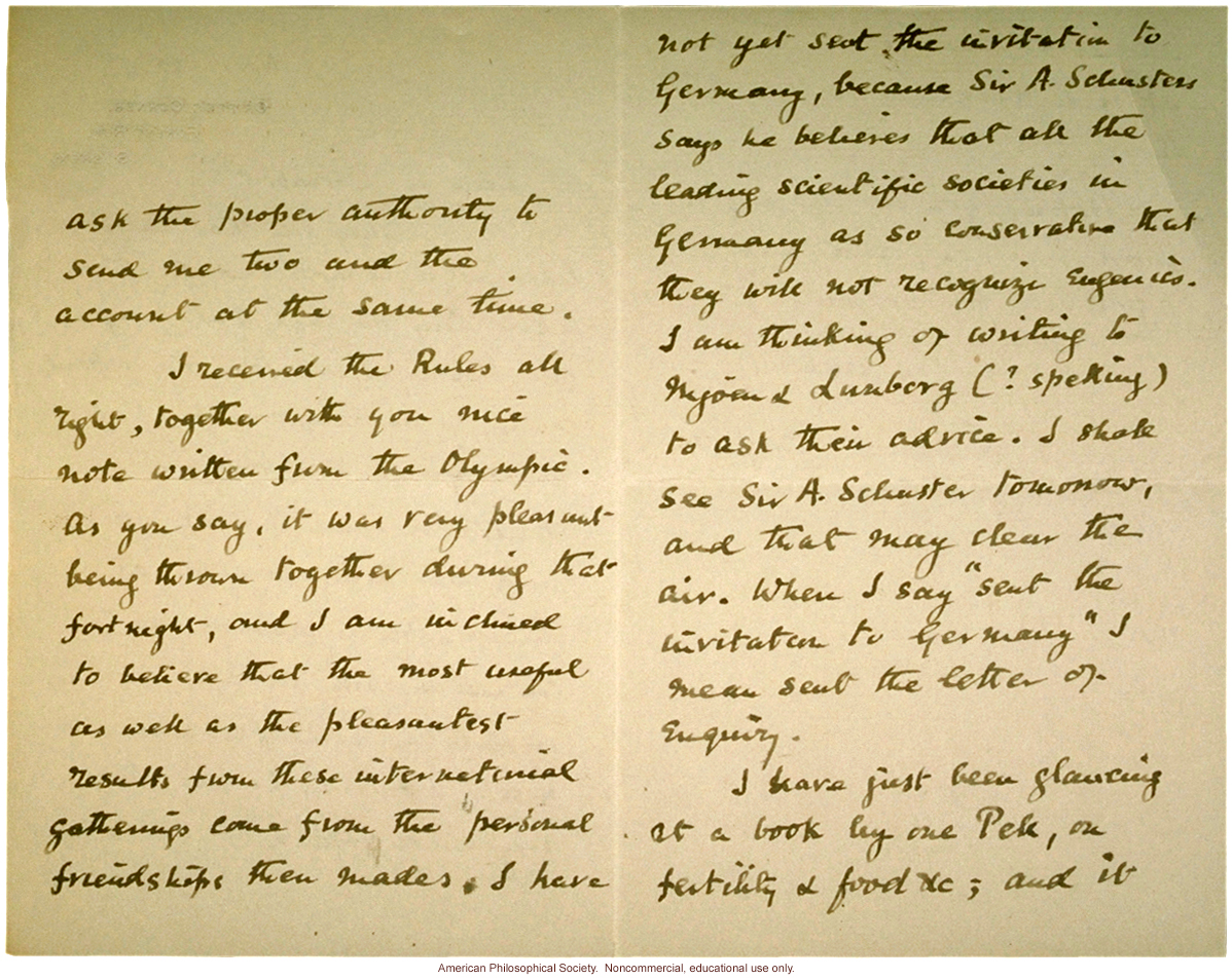 Leonard Darwin letter to Charles Davenport about sterilization