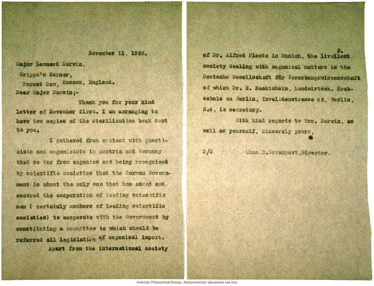 Charles Davenport letter to Leonard Darwin about German government interest in eugenics
