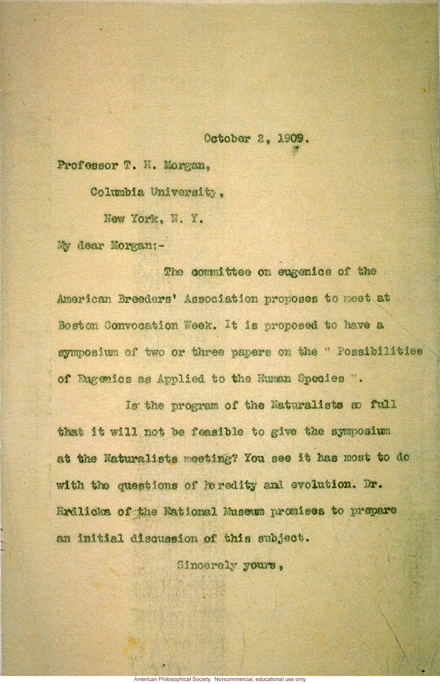 Charles Davenport letter to T.H. Morgan about American Breeders' Association symposium