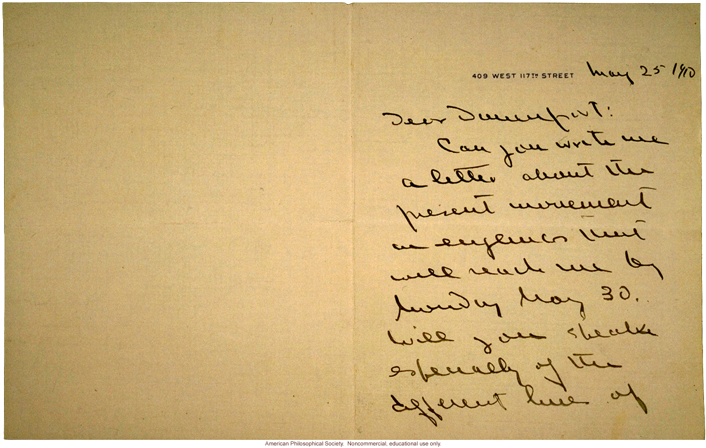 T.H. Morgan letter to Charles Davenport requesting eugenics information