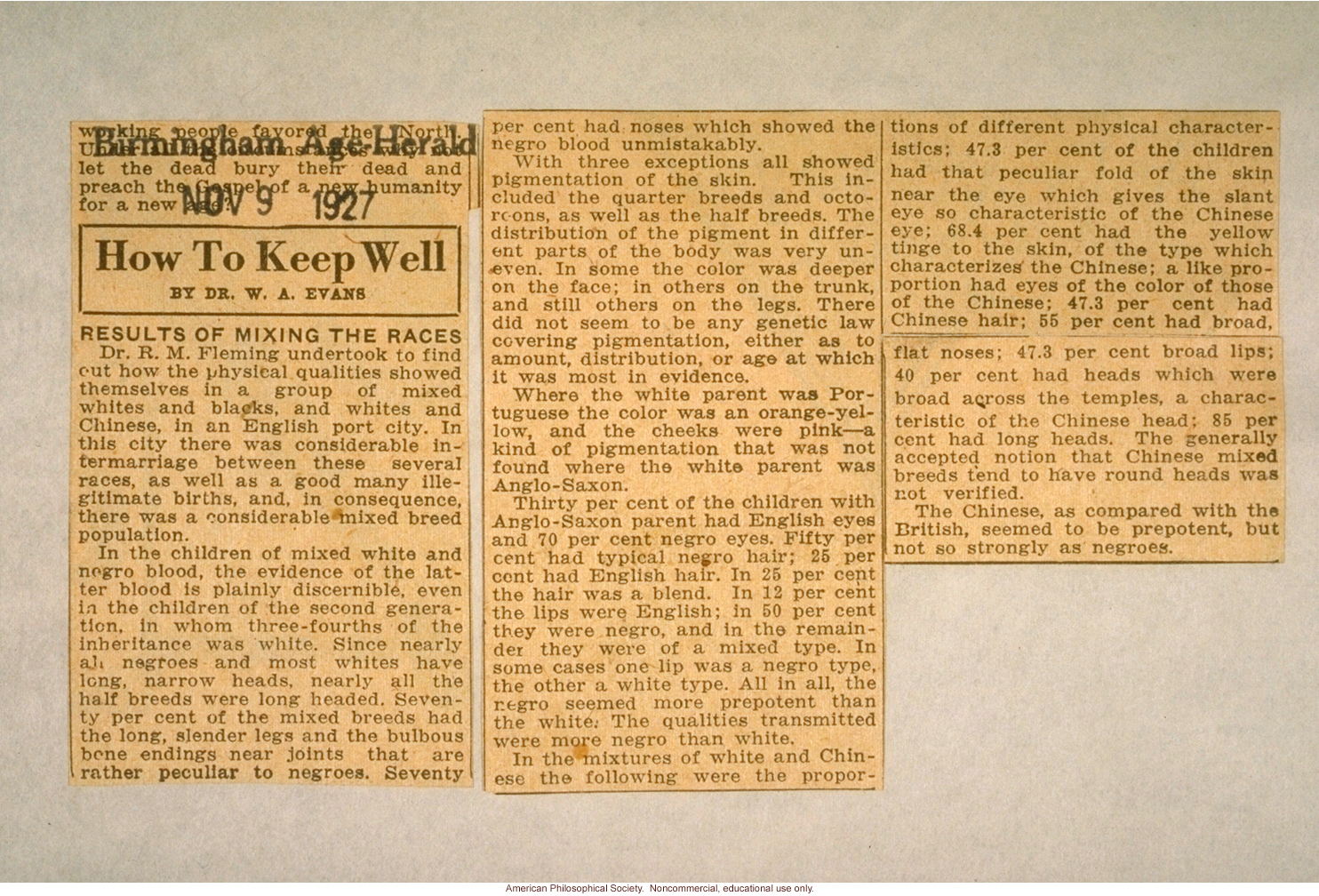 &quote;Results of mixing the races,&quote; by Dr. W.A. Evans, Birmington Age Herald