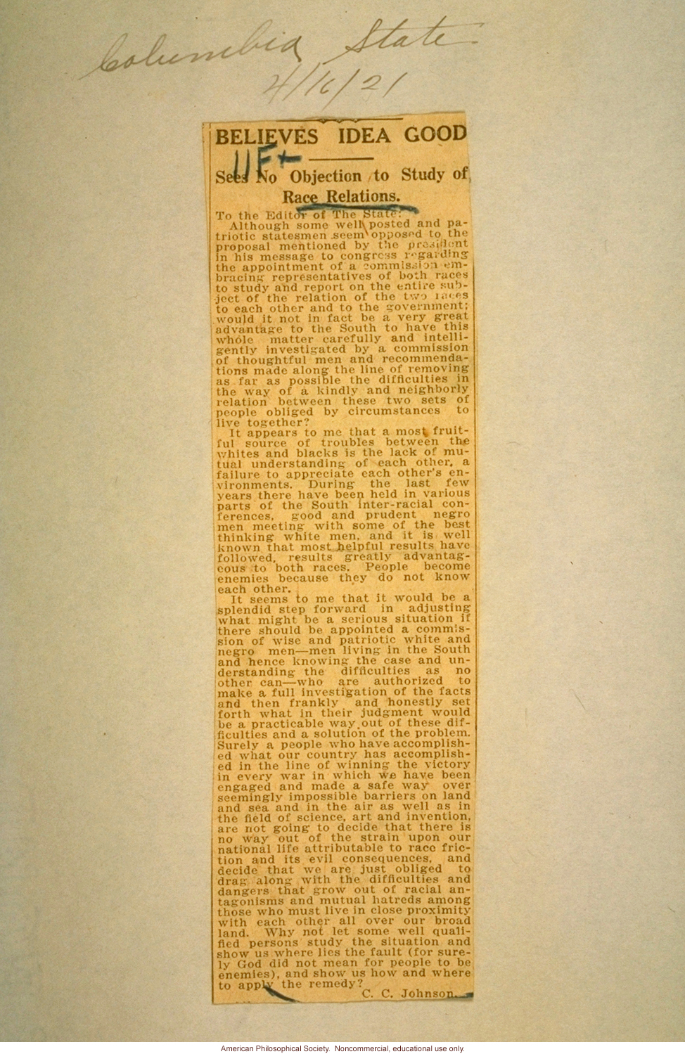 &quote;Believes idea good, sees no objection study of race relations,&quote; letter to the editor of Columbia State