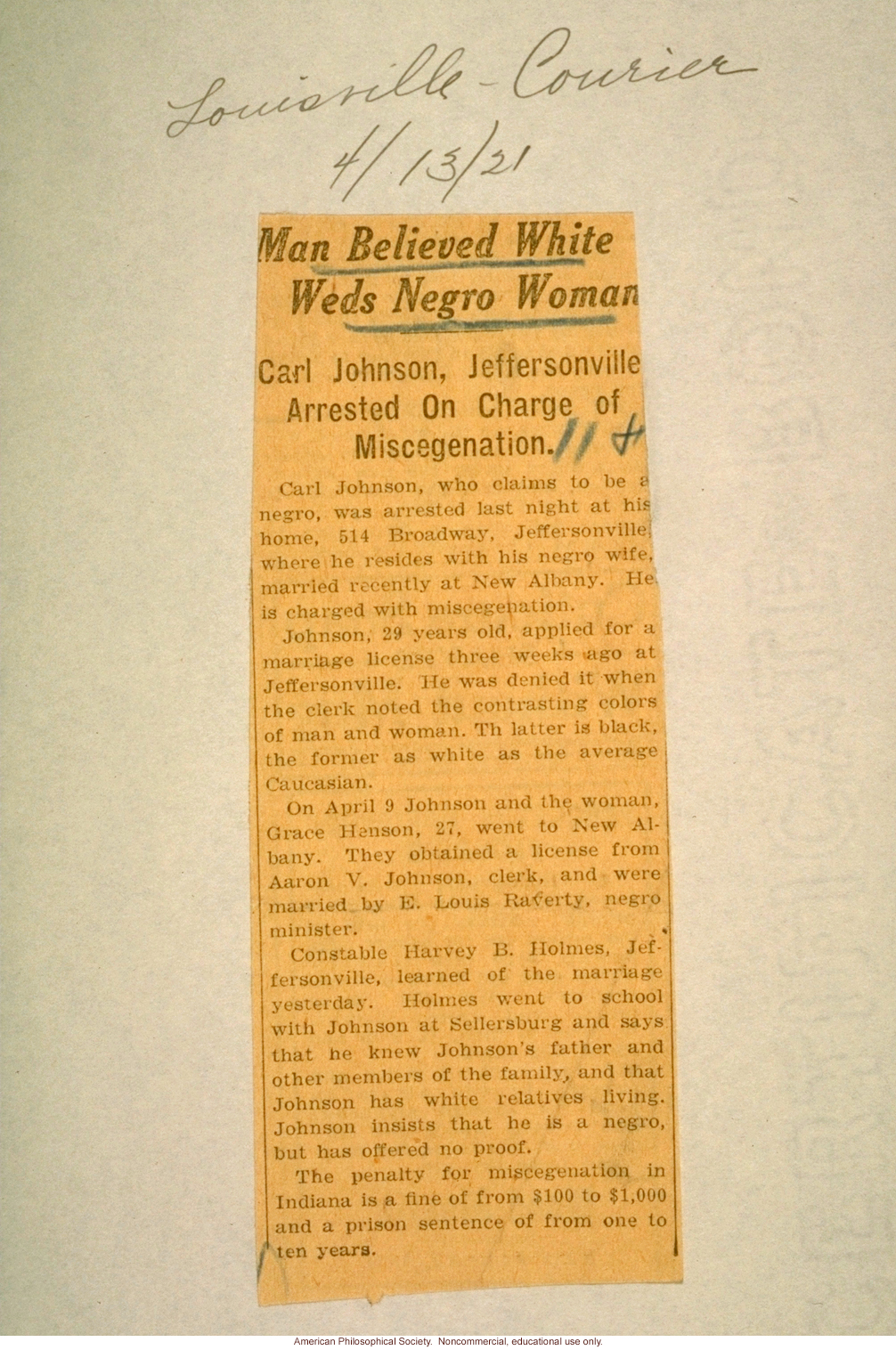 &quote;Man believed white weds Negro woman,&quote; Louisville Courier