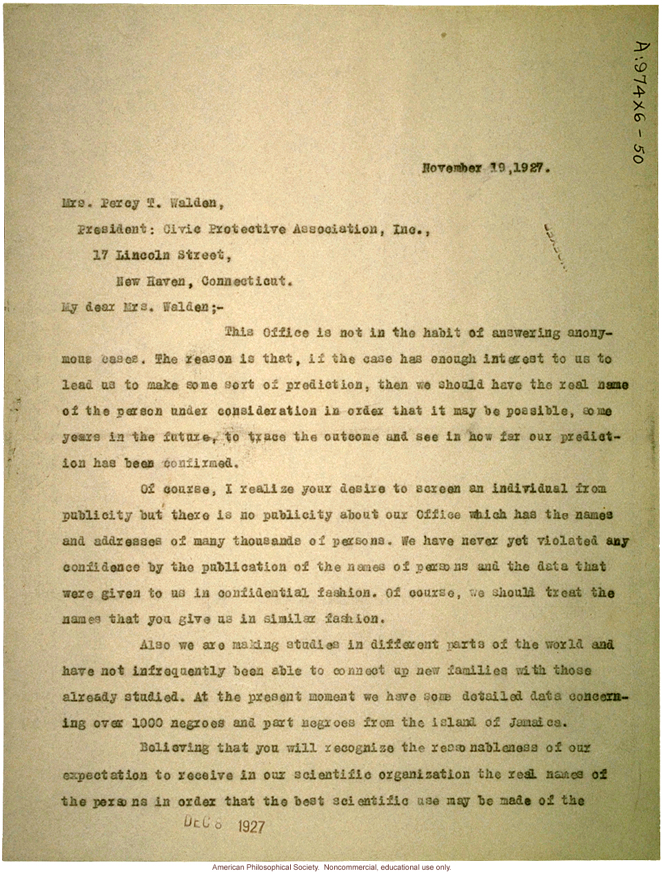 C. Davenport response to P. T. Walden about race mixing