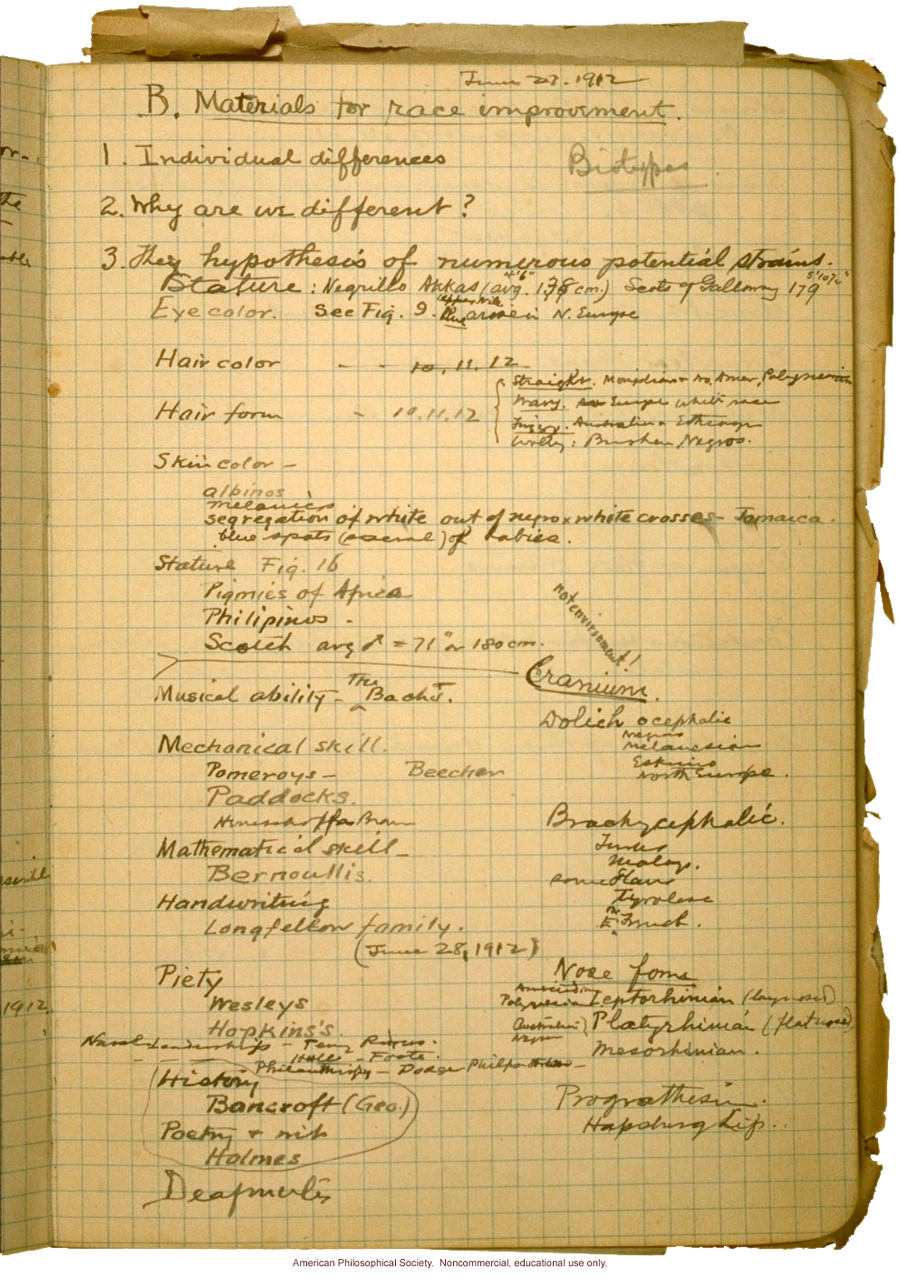 &quote;Materials for race improvement,&quote; page from C. Davenport's notebook