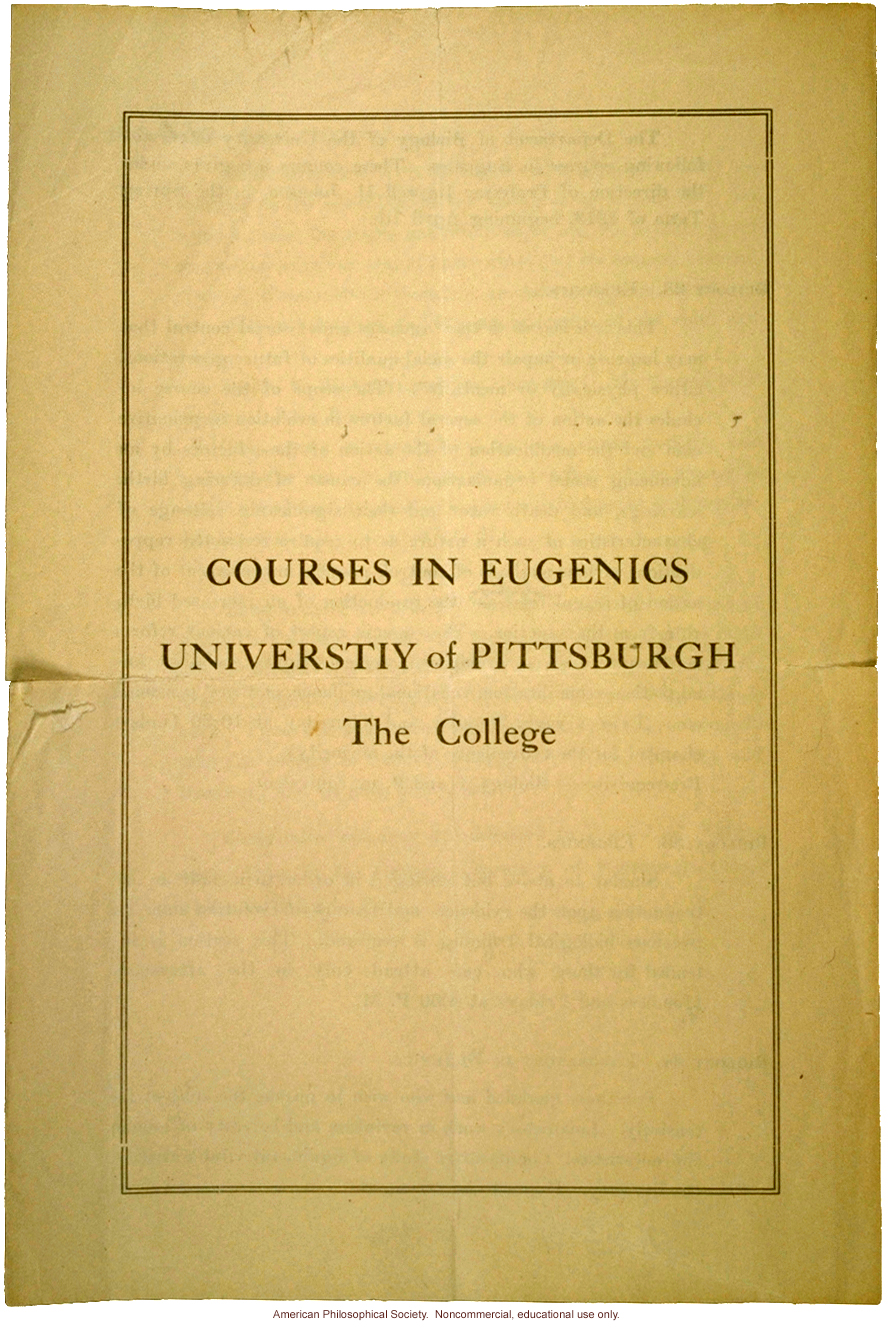 &quote;Courses in eugenics, University of Pittsburgh&quote;