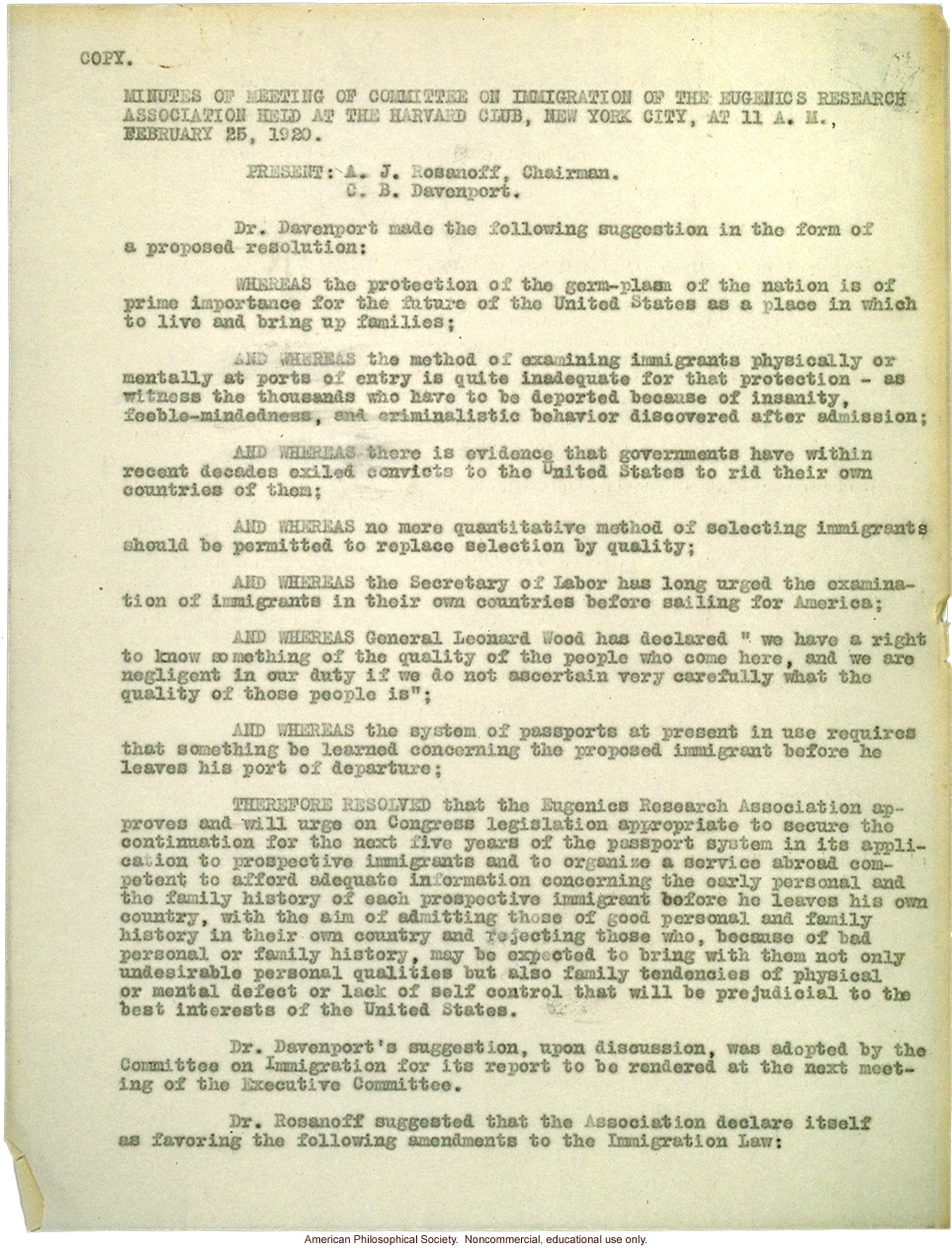 &quote;Minutes of meeting of Commitee on Immigration of the Eugenics Research Association&quote;