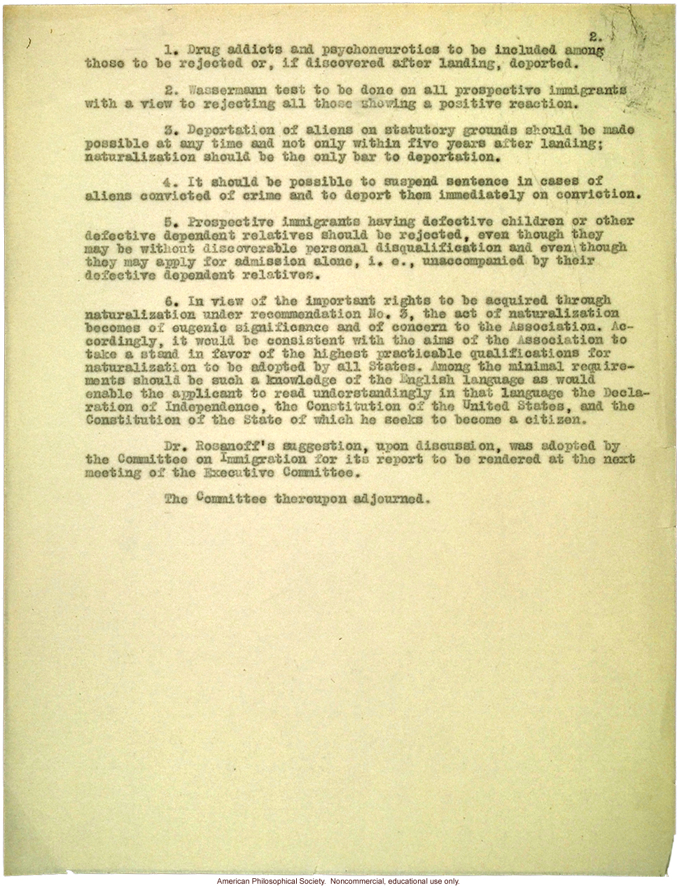 &quote;Minutes of meeting of Commitee on Immigration of the Eugenics Research Association&quote;