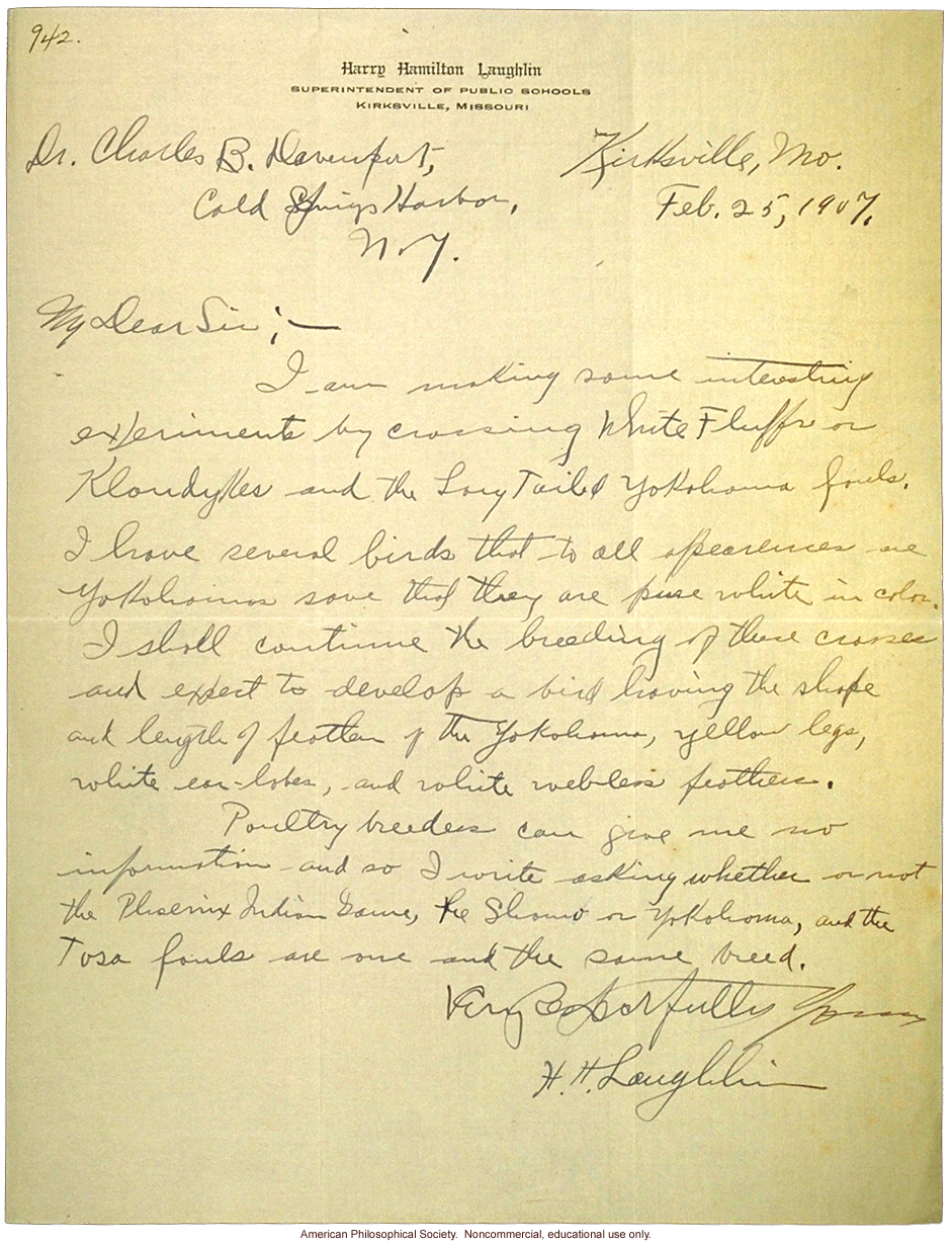 H. Laughlin's first letter to C. Davenport, about breeding chickens